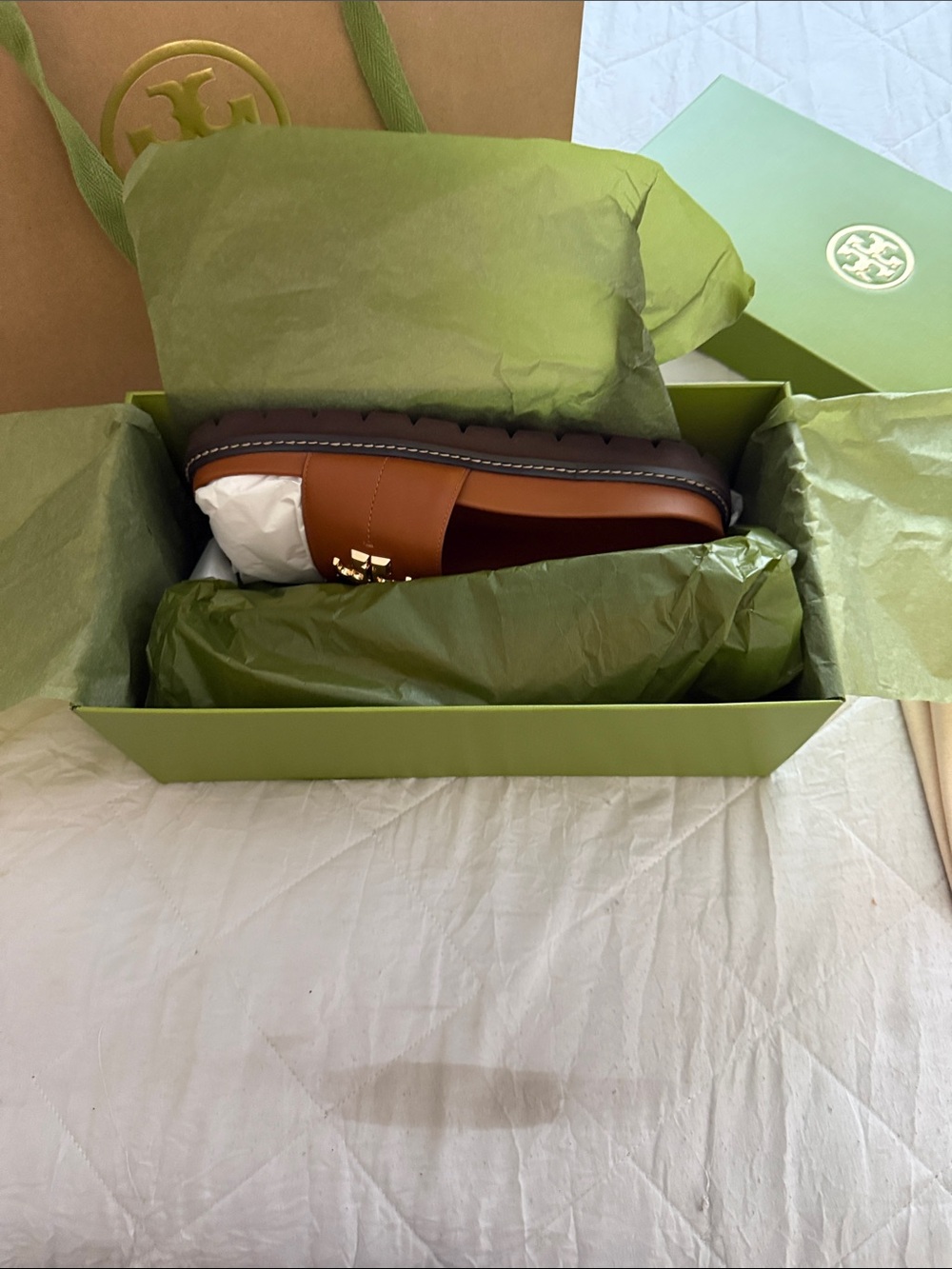 Tory Burch Brown Leather Slide Sandals with Gold Logo - Picture 10 of 10